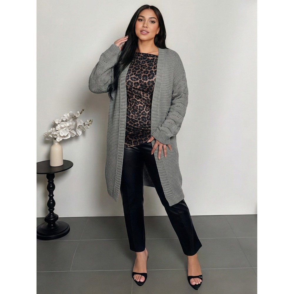 Miss Sparkling Open Front Longline Cardigan Sweater Small Gray Cable Knit